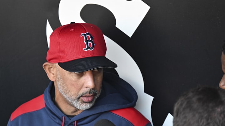 Apr 11, 2025; Chicago, Illinois, USA;  Boston Red Sox manager Alex Cora (13) talks with the media before the teamís game against the Chicago White Sox at Guaranteed Rate Field. Mandatory Credit: Matt Marton-Imagn Images