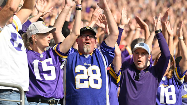 Sep 22, 2024; Minneapolis, Minnesota, USA; Minnesota Vikings fans react during the third quarter against the Houston Texans at U.S. Bank Stadium. Mandatory Credit: Jeffrey Becker-Imagn Images Sep 22, 2024; Minneapolis, Minnesota, USA; Minnesota Vikings fans react during the third quarter against the Houston Texans at U.S. Bank Stadium. Mandatory Credit: Jeffrey Becker-Imagn Images