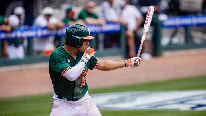May 23, 2024; Charlotte, NC, USA; Miami (Fl) Hurricanes infielder Antonio Jimenez (13) sets up against the Clemson Tigers in the second inning during the ACC Baseball Tournament at Truist Field. Mandatory Credit: Scott Kinser-USA TODAY Sports
