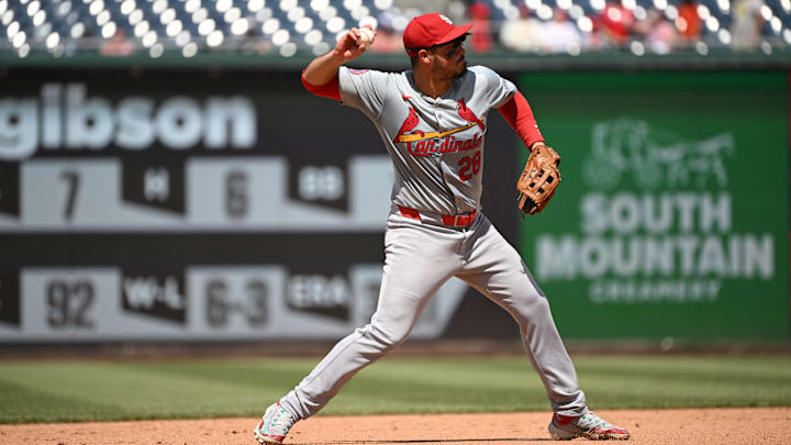 Jul 7, 2024; Washington, District of Columbia, USA; St. Louis Cardinals third baseman Nolan Arenado (28) prepares the throw to first base against the Washington Nationals during the fifth inning at Nationals Park.