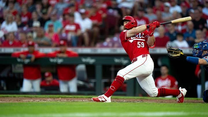 Cincinnati Reds center fielder Blake Dunn (59) hits a 2-run home run in the fifth inning between the Kansas City Royals and Cincinnati Reds at Great American Ball Park in Cincinnati on Wednesday, June 3, 2026.