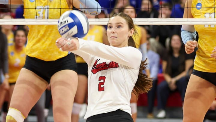 Nebraska's Bergen Reilly hits the ball during the third set against Long Island in an NCAA women's college volleyball tournament first-round match Friday, Dec. 1, 2023, in Lincoln, Neb.