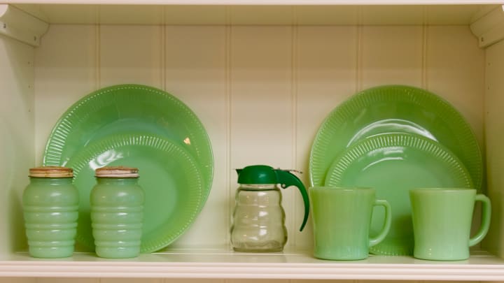 Jadeite glassware on a shelf