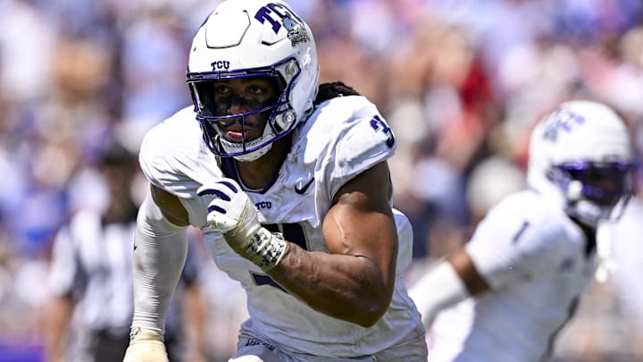 Sep 20, 2025; Fort Worth, Texas, USA; TCU Horned Frogs linebacker Kaleb Elarms-Orr (3) rushes the line during the game between the TCU Horned Frogs and the SMU Mustangs at Amon G. Carter Stadium. Mandatory Credit: Jerome Miron-Imagn Images