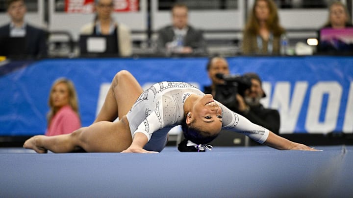 LSU Tigers gymnast Konnor McClain performs on floor exercise during the 2024 Women's National Gymnastics Championship. LSU Tigers gymnast Konnor McClain performs on floor exercise during the 2024 Women's National Gymnastics Championship.