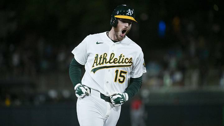Jun 19, 2026; West Sacramento, California, USA; Athletics catcher Jonah Heim (15) celebrates after hitting a game tying home run in the 9th inning against the Los Angeles Angels at Sutter Health Park. Mandatory Credit: Ed Szczepanski-Imagn Images
