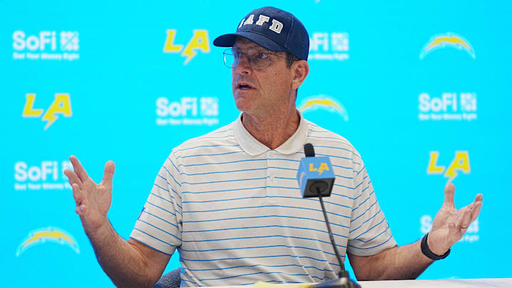 Jan 15, 2025;  Los Angeles Chargers coach Jim Harbaugh at a press conference at The Bolt. 