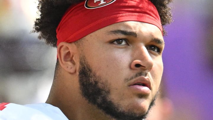 Sep 15, 2024; Minneapolis, Minnesota, USA; San Francisco 49ers running back Isaac Guerendo (31) looks on during the game against the Minnesota Vikings at U.S. Bank Stadium. Mandatory Credit: Jeffrey Becker-Imagn Images