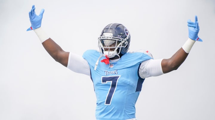 Tennessee Titans linebacker Oluwafemi Oladejo takes the field before the game against the Indianapolis Colts.