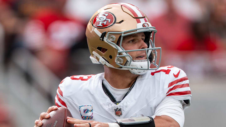 September 28, 2025; Santa Clara, California, USA; San Francisco 49ers quarterback Brock Purdy (13) during the third quarter against the Jacksonville Jaguars at Levi's Stadium. Mandatory Credit: Kyle Terada-Imagn Images