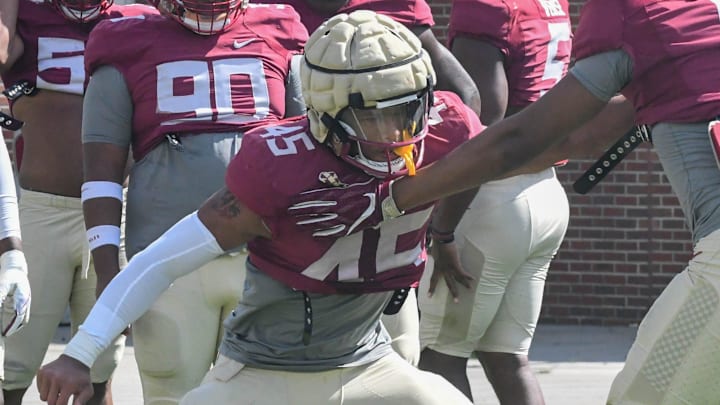 Florida State football players take part in drills during an FSU spring football practice of the 2023 season on Thursday, April 6, 2023 in Doak Campbell Stadium.

Lamont Green Jr