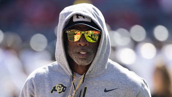 Oct 19, 2024; Tucson, Arizona, USA; Colorado Buffaloes head coach Deion Sanders against the Arizona Wildcats at Arizona Stadium. Mandatory Credit: Mark J. Rebilas-Imagn Images
