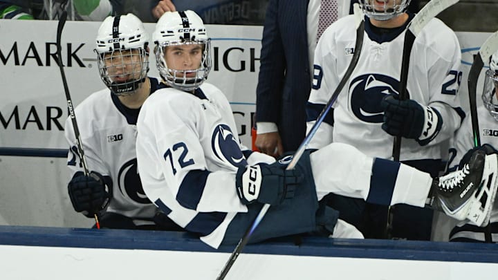 Oct 10, 2025; University Park, PA, USA; Penn State Nittany Lions forward Gavin McKenna (72) heads to the bench against Clarkson Golden Knights in the first period of a game at Pegula Ice Arena. Mandatory Credit: Barry Reeger-Imagn Images