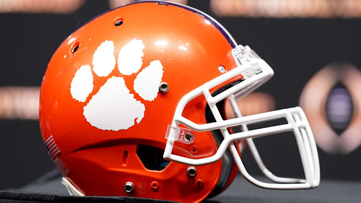 A Clemson Tigers helmet on display A Clemson Tigers helmet on display