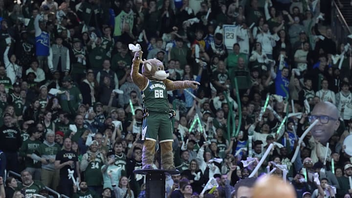 Apr 25, 2025; Milwaukee, Wisconsin, USA: Milwaukee Bucks mascot Bango gets the crowd fired up during their game against the Indiana Pacers during game three of first round for the 2024 NBA Playoffs at Fiserv Forum. Mandatory Credit: Michael McLoone-Imagn Images