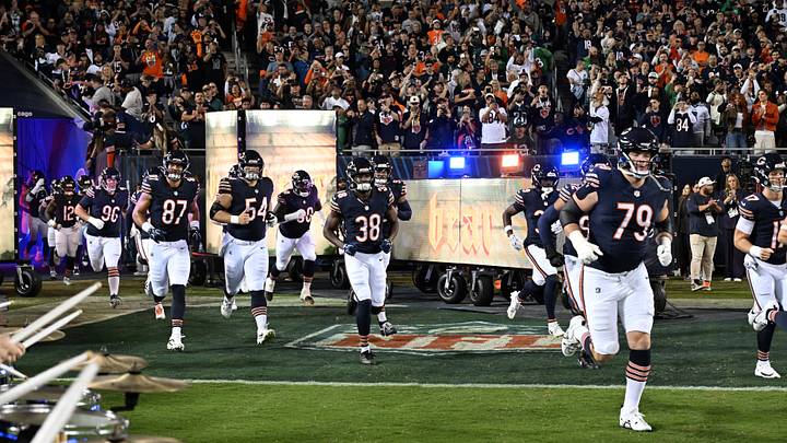Sep 28, 2026; Chicago, Illinois, USA;  The Chicago Bears enter the field before the game against the Philadelphia Eagles at Soldier Field.  Mandatory Credit: Matt Marton-Imagn Images