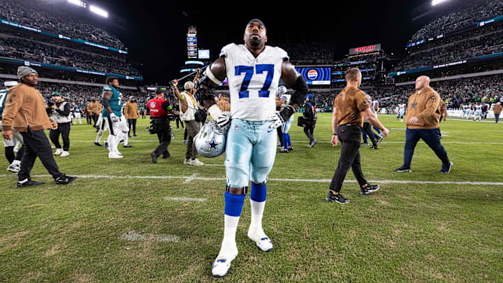 Dallas Cowboys offensive tackle Tyron Smith looks on after a loss to the Philadelphia Eagles 