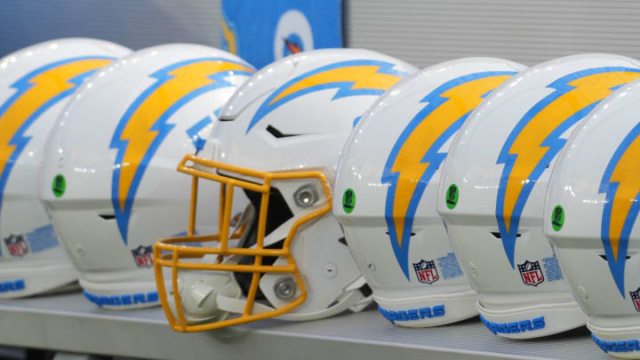 Aug 12, 2023; Inglewood, California, USA; Los Angeles Chargers helmets on the bench at SoFi Stadium. Mandatory Credit: Kirby Lee-USA TODAY Sports Aug 12, 2023; Inglewood, California, USA; Los Angeles Chargers helmets on the bench at SoFi Stadium. Mandatory Credit: Kirby Lee-USA TODAY Sports