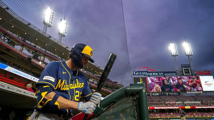 Milwaukee Brewers designated hitter Christian Yelich (22) waits for an at bat in the eighth inning of the MLB National League Central game between the Cincinnati Reds and the Milwaukee Brewers at Great American Ball Park in downtown Cincinnati on Monday, June 22, 2026. The Brewers won, 2-1, in 10 innings. Milwaukee Brewers designated hitter Christian Yelich (22) waits for an at bat in the eighth inning of the MLB National League Central game between the Cincinnati Reds and the Milwaukee Brewers at Great American Ball Park in downtown Cincinnati on Monday, June 22, 2026. The Brewers won, 2-1, in 10 innings.