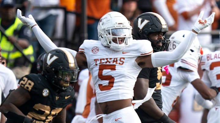 Texas Longhorns defensive back Malik Muhammad (5) celebrates a Vanderbilt stop during the first half of their game at FirstBank Stadium in Nashville, Tenn., Saturday, Oct. 26, 2024. Texas Longhorns defensive back Malik Muhammad (5) celebrates a Vanderbilt stop during the first half of their game at FirstBank Stadium in Nashville, Tenn., Saturday, Oct. 26, 2024.