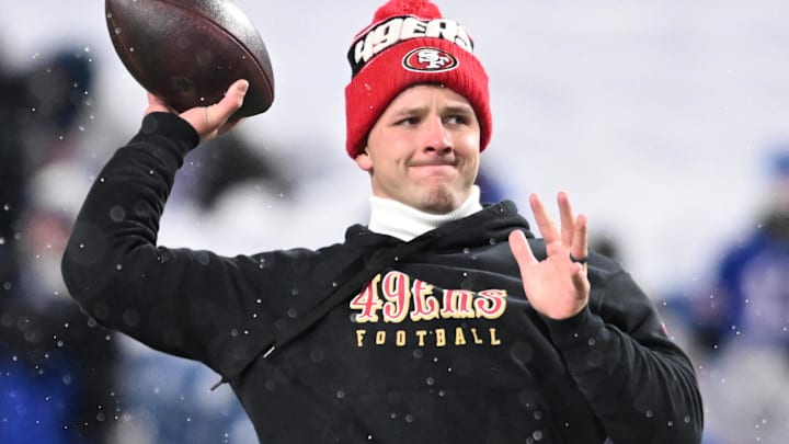 San Francisco 49ers quarterback Brock Purdy (13) warms up before a game against the Buffalo Bills at Highmark Stadium.