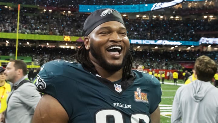 Feb 9, 2025; New Orleans, LA, USA; Philadelphia Eagles  defensive end Jalen Carter (98) celebrates after defeating the Kansas City Chiefs during Super Bowl LIX at Ceasars Superdome. Mandatory Credit: Mark J. Rebilas-Imagn Images