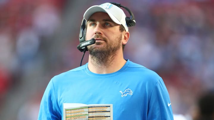 Dec 9, 2018; Glendale, AZ, USA; Detroit Lions offensive coordinator Jim Bob Cooter  against the Arizona Cardinals at State Farm Stadium. Mandatory Credit: Mark J. Rebilas-Imagn Images