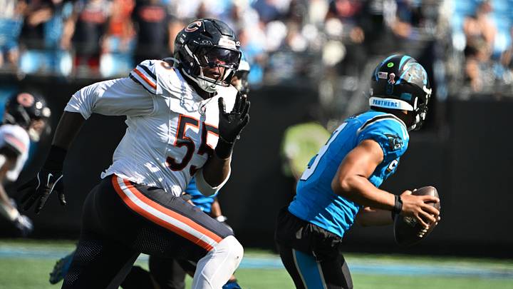 Sep 13, 2026; Charlotte, North Carolina, USA; Carolina Panthers quarterback Bryce Young (9) with the ball as Chicago Bears defensive end Dayo Odeyingbo (55) pressures in the second half at Bank of America Stadium. Mandatory Credit: Bob Donnan-Imagn Images Sep 13, 2026; Charlotte, North Carolina, USA; Carolina Panthers quarterback Bryce Young (9) with the ball as Chicago Bears defensive end Dayo Odeyingbo (55) pressures in the second half at Bank of America Stadium. Mandatory Credit: Bob Donnan-Imagn Images