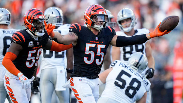 Cincinnati Bengals linebacker Logan Wilson (55) celebrates after recovering a fumble in the fourth quarter of the NFL Week 9 game between the Cincinnati Bengals and the Las Vegas Raiders at Paycor Stadium in downtown Cincinnati on Sunday, Nov. 3, 2024. The Bengals collected their first win at home with a 41-24 victory over the Raiders. Cincinnati Bengals linebacker Logan Wilson (55) celebrates after recovering a fumble in the fourth quarter of the NFL Week 9 game between the Cincinnati Bengals and the Las Vegas Raiders at Paycor Stadium in downtown Cincinnati on Sunday, Nov. 3, 2024. The Bengals collected their first win at home with a 41-24 victory over the Raiders.