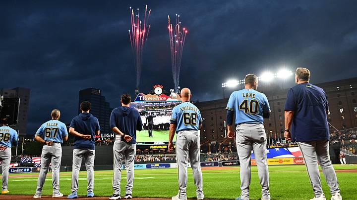Sep 20, 2026; Baltimore, Maryland, USA;  Fireworks stream into the night sky during the National Anthem before the game between the Baltimore Orioles and the Milwaukee Brewers at Oriole Park at Camden Yards.  Mandatory Credit: James A. Pittman-Imagn Images
