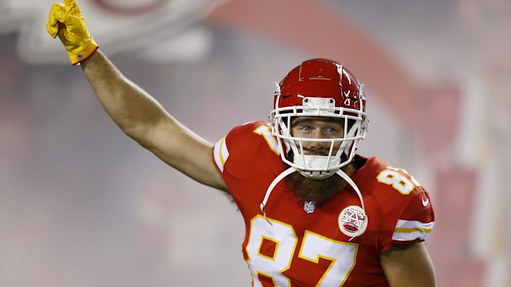 Kansas City Chiefs tight end Travis Kelce (87) runs on the field as he's introduced in the first quarter of the game between the Kansas City Chiefs and the Cincinnati Bengals at Arrowhead Stadium in Kansas City on Oct. 16, 2018.