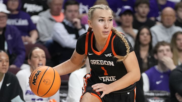 March 11, 2025; Las Vegas, NV, USA; Oregon State Beavers guard Kennedie Shuler (1) dribbles the basketball against the Portland Pilots during the first half in the final of the West Coast Conference tournament at Orleans Arena. Mandatory Credit: Kyle Terada-Imagn Images March 11, 2025; Las Vegas, NV, USA; Oregon State Beavers guard Kennedie Shuler (1) dribbles the basketball against the Portland Pilots during the first half in the final of the West Coast Conference tournament at Orleans Arena. Mandatory Credit: Kyle Terada-Imagn Images