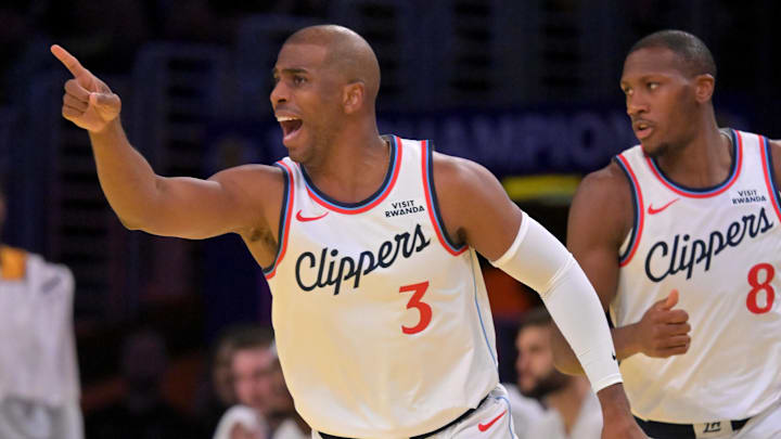Nov 25, 2025; Los Angeles, California, USA; Los Angeles Clippers guard Chris Paul (3) reacts after a three point basket in the first half against the Los Angeles Lakers at Crypto.com Arena. Mandatory Credit: Jayne Kamin-Oncea-Imagn Images