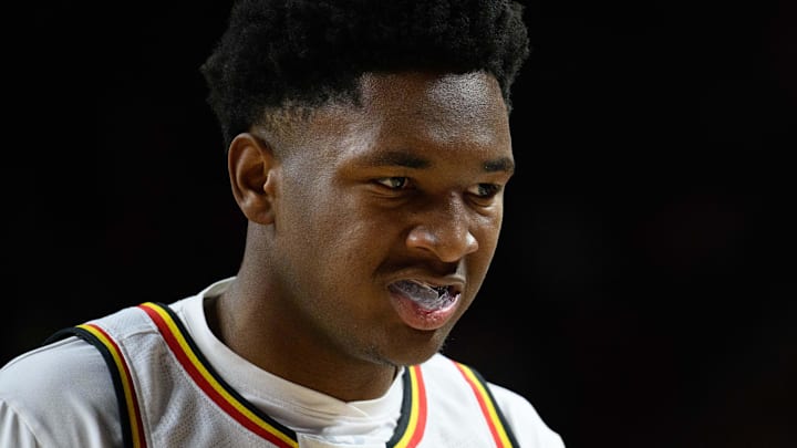 Feb 16, 2025; College Park, Maryland, USA; Maryland Terrapins center Derik Queen (25) looks on during the second half against the Iowa Hawkeyes at Xfinity Center. Mandatory Credit: Reggie Hildred-Imagn Images Feb 16, 2025; College Park, Maryland, USA; Maryland Terrapins center Derik Queen (25) looks on during the second half against the Iowa Hawkeyes at Xfinity Center. Mandatory Credit: Reggie Hildred-Imagn Images
