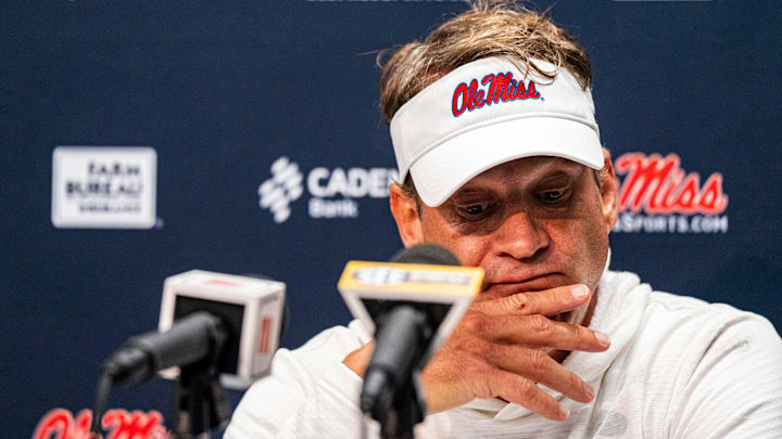 Ole Miss head coach Lane Kiffin answers questions from the press after a college football game between Mississippi State and Ole Miss at Davis Wade Stadium in Starkville, Miss., on Friday, Nov. 28, 2025. Ole Miss defeated Mississippi State 38-19 in the Egg Bowl.