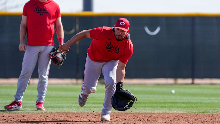 Cincinnati Reds catcher Jose Trevino (35) fields a ground ball in a catchers drill at the Cincinnati Reds Player Development Complex in Goodyear, Ariz., on Friday, Feb. 14, 2025. Cincinnati Reds catcher Jose Trevino (35) fields a ground ball in a catchers drill at the Cincinnati Reds Player Development Complex in Goodyear, Ariz., on Friday, Feb. 14, 2025.