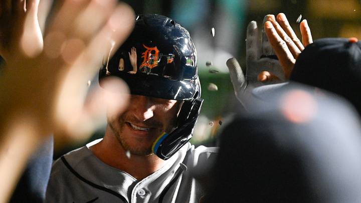 Jul 20, 2026; Chicago, Illinois, USA;  Detroit Tigers catcher Dillon Dingler (13) celebrates in the dugout after hitting a home run during the eighth inning against the Chicago Cubs at Wrigley Field. Mandatory Credit: Matt Marton-Imagn Images