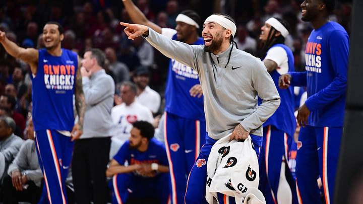 May 25, 2026; Cleveland, Ohio, USA; New York Knicks guard Jose Alvarado (5) reacts on the sideline during the third quarter against the Cleveland Cavaliers during game four of the eastern conference finals for the 2026 NBA playoffs at Rocket Arena. Mandatory Credit: Ken Blaze-Imagn Images