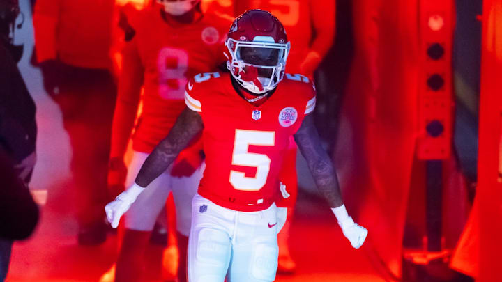 Jan 26, 2025; Kansas City, MO, USA; Kansas City Chiefs wide receiver Hollywood Brown (5) against the Buffalo Bills in the AFC Championship game at GEHA Field at Arrowhead Stadium. Mandatory Credit: Mark J. Rebilas-Imagn Images