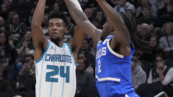 Nov 23, 2024; Milwaukee, Wisconsin, USA: Charlotte Hornets forward Brandon Miller (24) puts up a shot against Milwaukee Bucks forward Taurean Prince (12) in the second half in the second half at Fiserv Forum. Mandatory Credit: Michael McLoone-Imagn Images Nov 23, 2024; Milwaukee, Wisconsin, USA: Charlotte Hornets forward Brandon Miller (24) puts up a shot against Milwaukee Bucks forward Taurean Prince (12) in the second half in the second half at Fiserv Forum. Mandatory Credit: Michael McLoone-Imagn Images