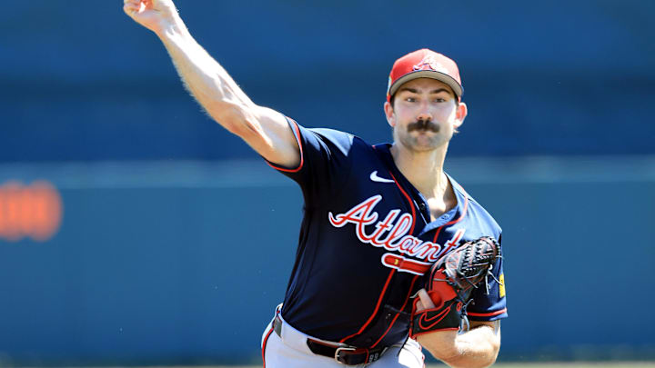 Feb 28, 2026; Sarasota, Florida, USA;  Atlanta Braves starting pitcher Spencer Strider (99) throws a pitch against the Baltimore Orioles during the first inning at Ed Smith Stadium. Mandatory Credit: Kim Klement Neitzel-Imagn Images