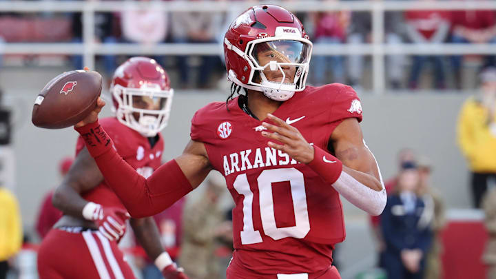 Arkansas Razorbacks quarterback Taylen Green (10) passes in the first quarter against the Louisiana Tech Bulldogs at Donald W. Reynolds Razorback Stadium. 