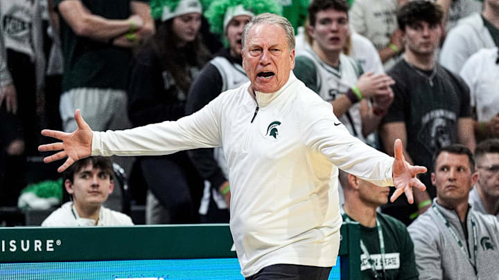 Michigan State head coach Tom Izzo reacts to a play against Rutgers during the first half at Breslin Center in East Lansing on Thursday, March 5, 2026.