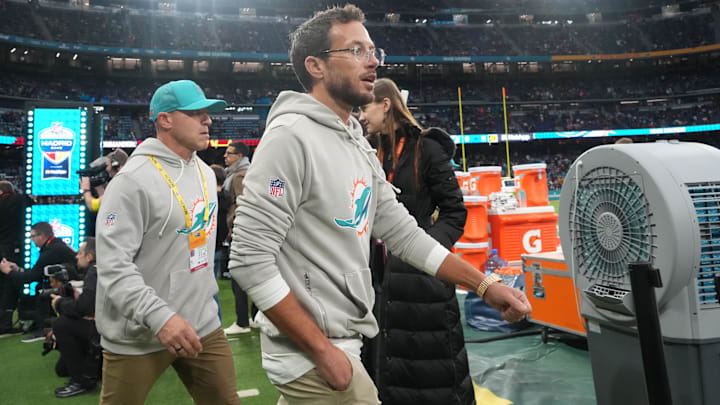 Miami Dolphins head coach Mike McDaniel walks onto the field prior to the 2025 NFL Madrid Game against the Washington Commanders at Santiago Bernabeu Stadium.