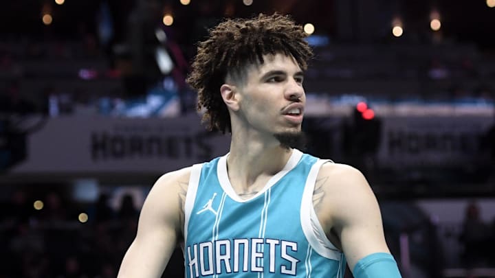 Mar 25, 2025; Charlotte, North Carolina, USA;  Charlotte Hornets guard LaMelo Ball (1) looks around after being called for a foul during the second half against the Orlando Magic at the Spectrum Center. Mandatory Credit: Sam Sharpe-Imagn Images