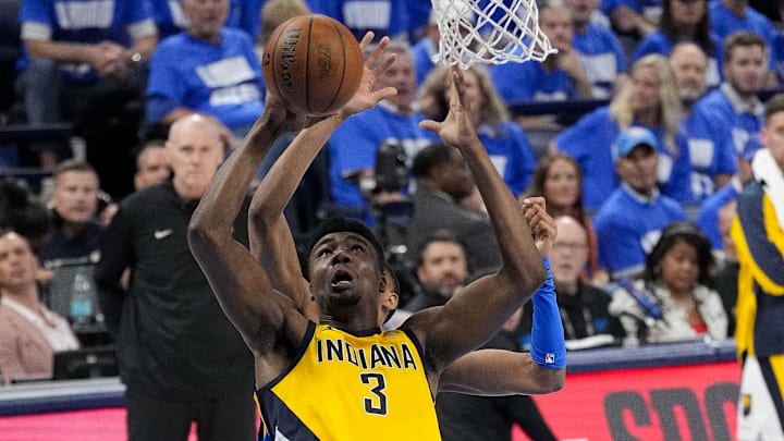 Indiana Pacers center Thomas Bryant (3) shoots the ball against the Oklahoma City Thunder during the fourth quarter of game two of the 2025 NBA Finals at Paycom Center on June 8.