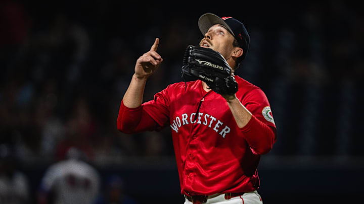 WooSox pitcher David Sandlin points to the sky after as he comes off the field following an outing on Aug. 5, 2025 at Polar Park. WooSox pitcher David Sandlin points to the sky after as he comes off the field following an outing on Aug. 5, 2025 at Polar Park.
