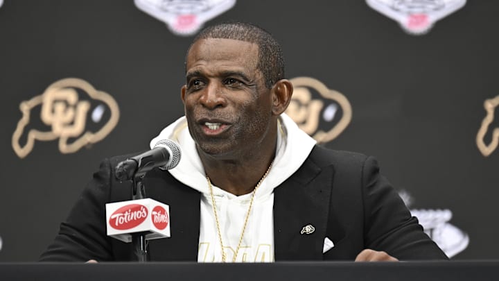 Jul 10, 2024; Las Vegas, NV, USA; Colorado Buffaloes head coach Deion Sanders speaks to the media during the Big 12 Media Days at Allegiant Stadium. Mandatory Credit: Candice Ward-Imagn Images