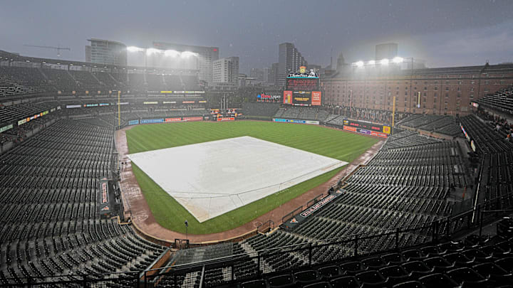 Oriole Park at Camden Yards during a rain delay