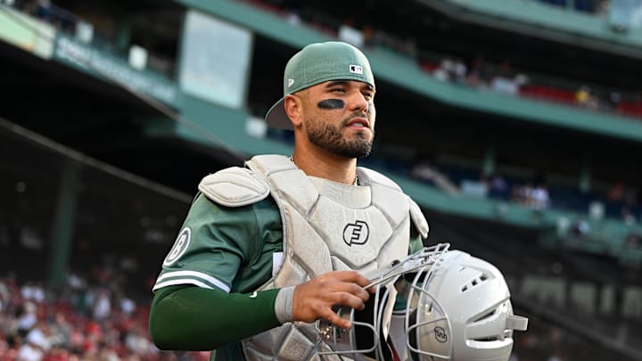 iMay 16, 2025; Boston, Massachusetts, USA; Boston Red Sox catcher Carlos Narvaez (75) walks out of the dugout before the start of a game against the Atlanta Braves at Fenway Park. Mandatory Credit: Eric Canha-Imagn Images 